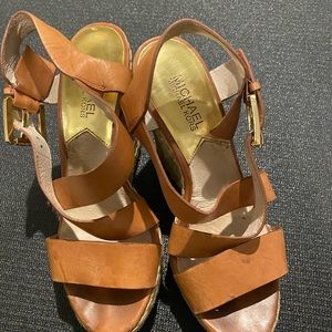 Michael Kors cognac leather wedge sandals